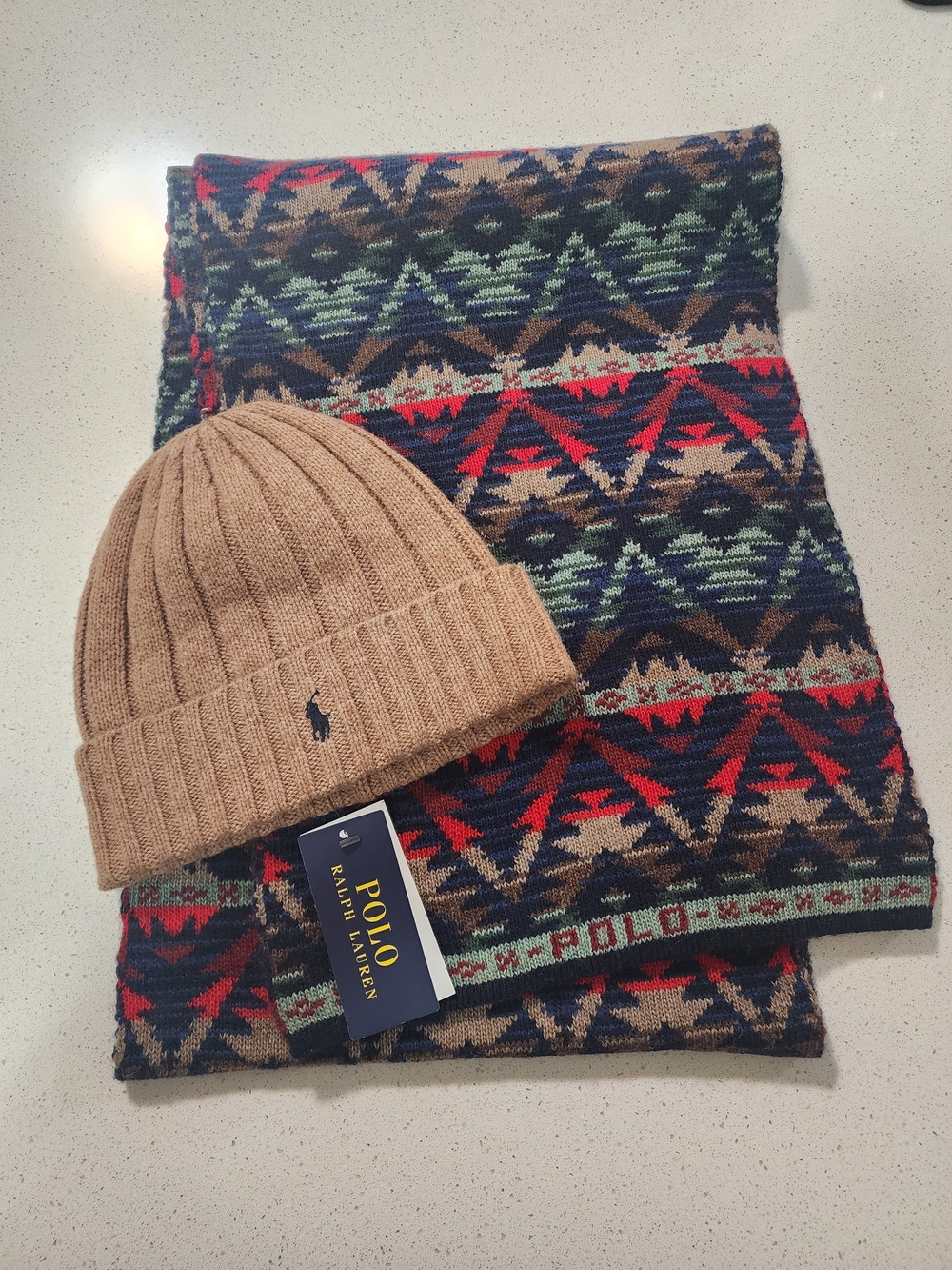 Polo by Ralph Lauren Tan Rib Knit Beanie with Multicolor Geometric Scarf